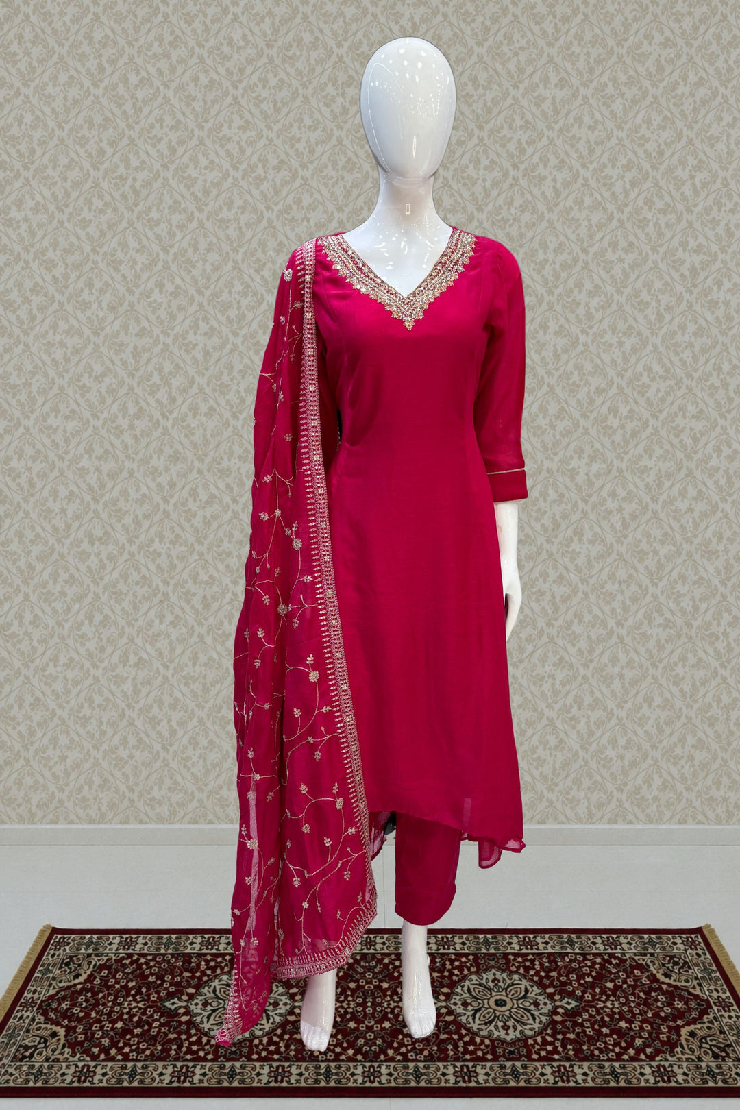 Rani Pink Beads, Pearl, Zardozi, Stone, Zari and Sequins work Aline Cut Salwar Suit