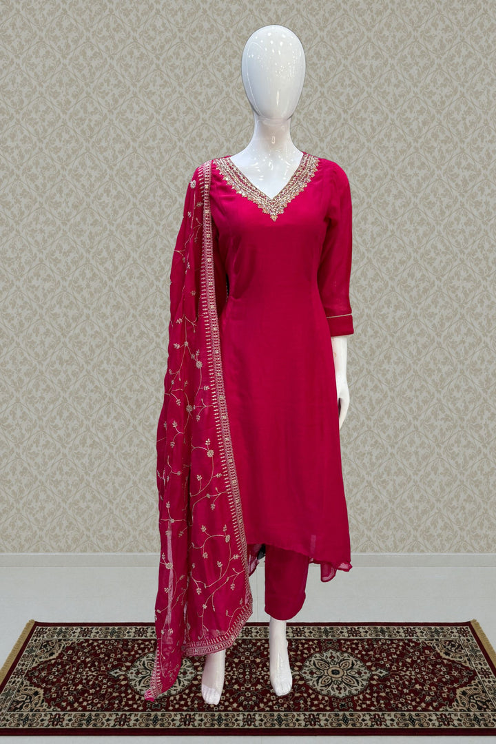 Rani Pink Beads, Pearl, Zardozi, Stone, Zari and Sequins work Aline Cut Salwar Suit