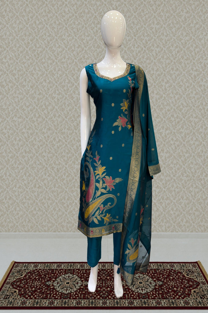 Peacock Green Banaras, Zardozi, Beads, Zari, Stone and Mirror work Straight Cut Salwar Suit