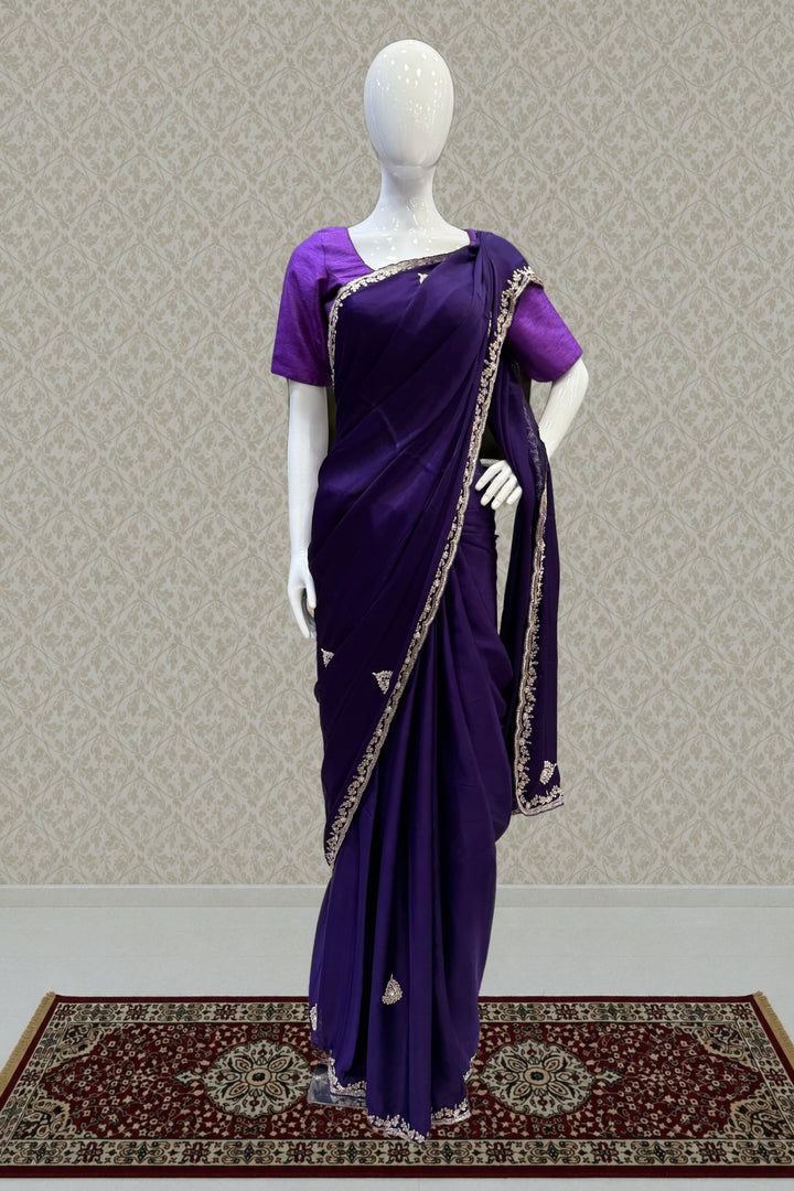 Purple Satin Saree Featuring Exquisite Bead, Zardozi and Sequins