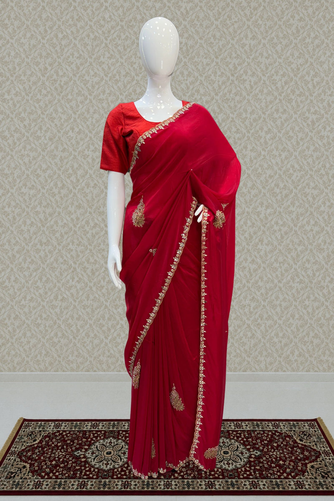 Red Mirror, Pearl, Zardozi, Stone and Beads work Saree
