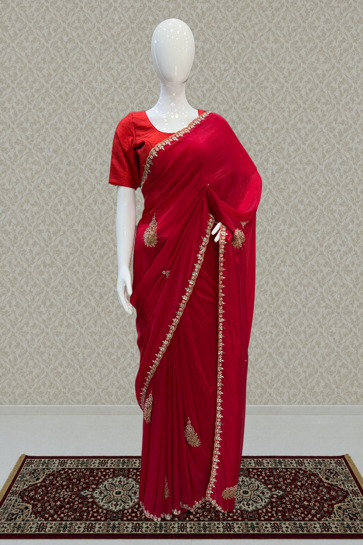Red Mirror, Pearl, Zardozi, Stone and Beads work Saree
