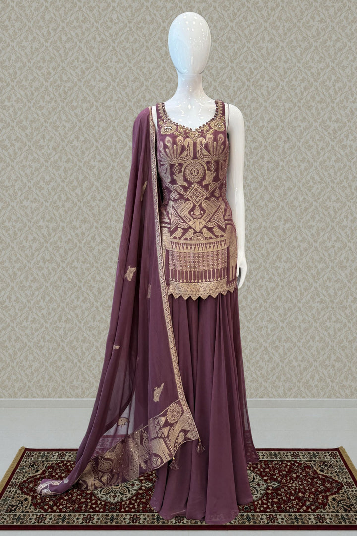 Light Wine Banaras, Stone, Zardozi and Beads work Palazzo Salwar Suit