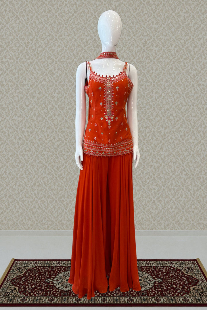 Mirror, Sequins, Zardozi and Thread Detail on Orange Festive Kurta with Palazzo Set