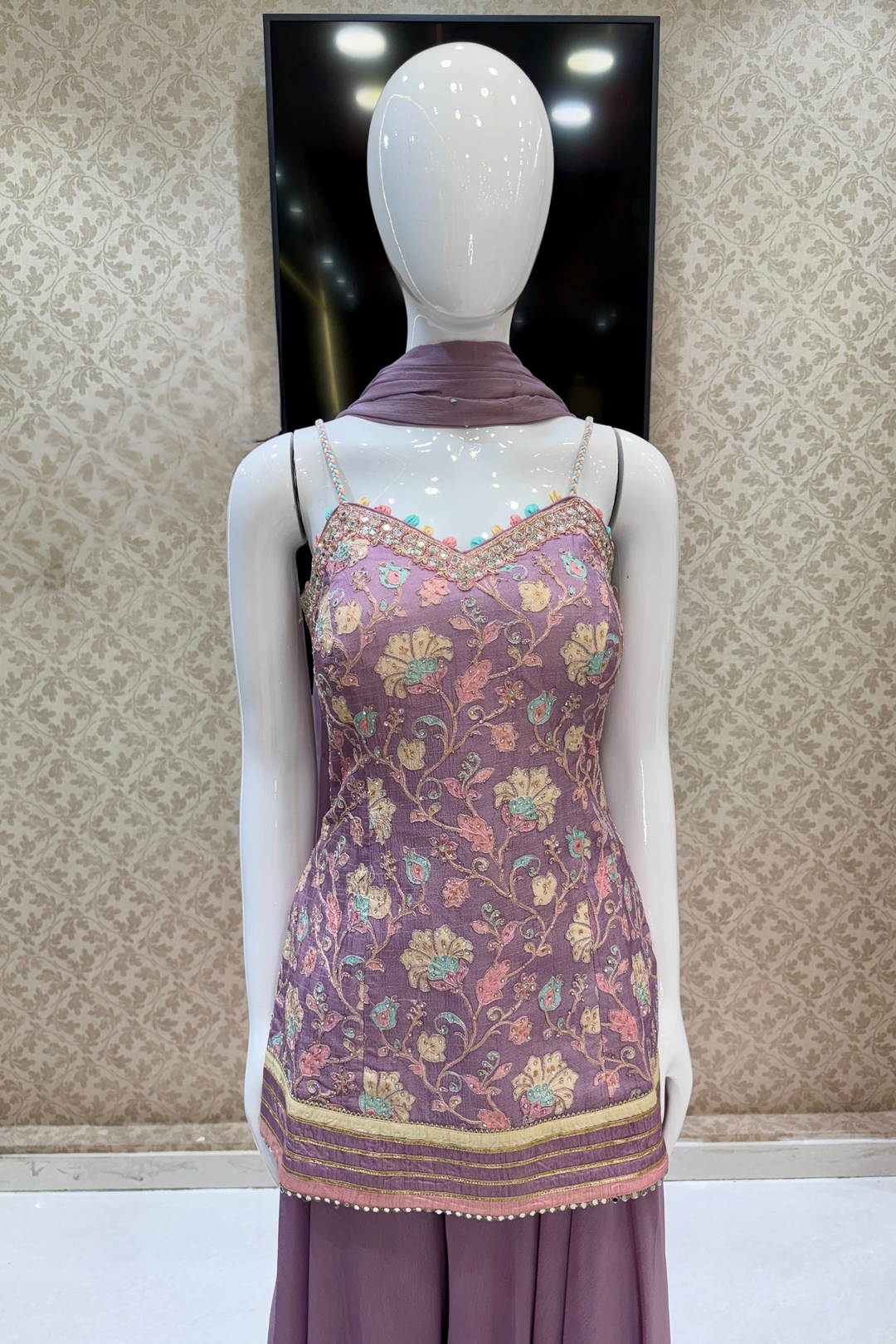 Lavender Zardozi, Mirror and Beads work with Multicolor Digital Print Palazzo Salwar Suit