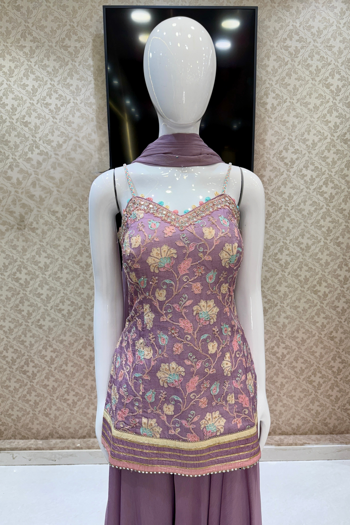 Lavender Zardozi, Mirror and Beads work with Multicolor Digital Print Palazzo Salwar Suit