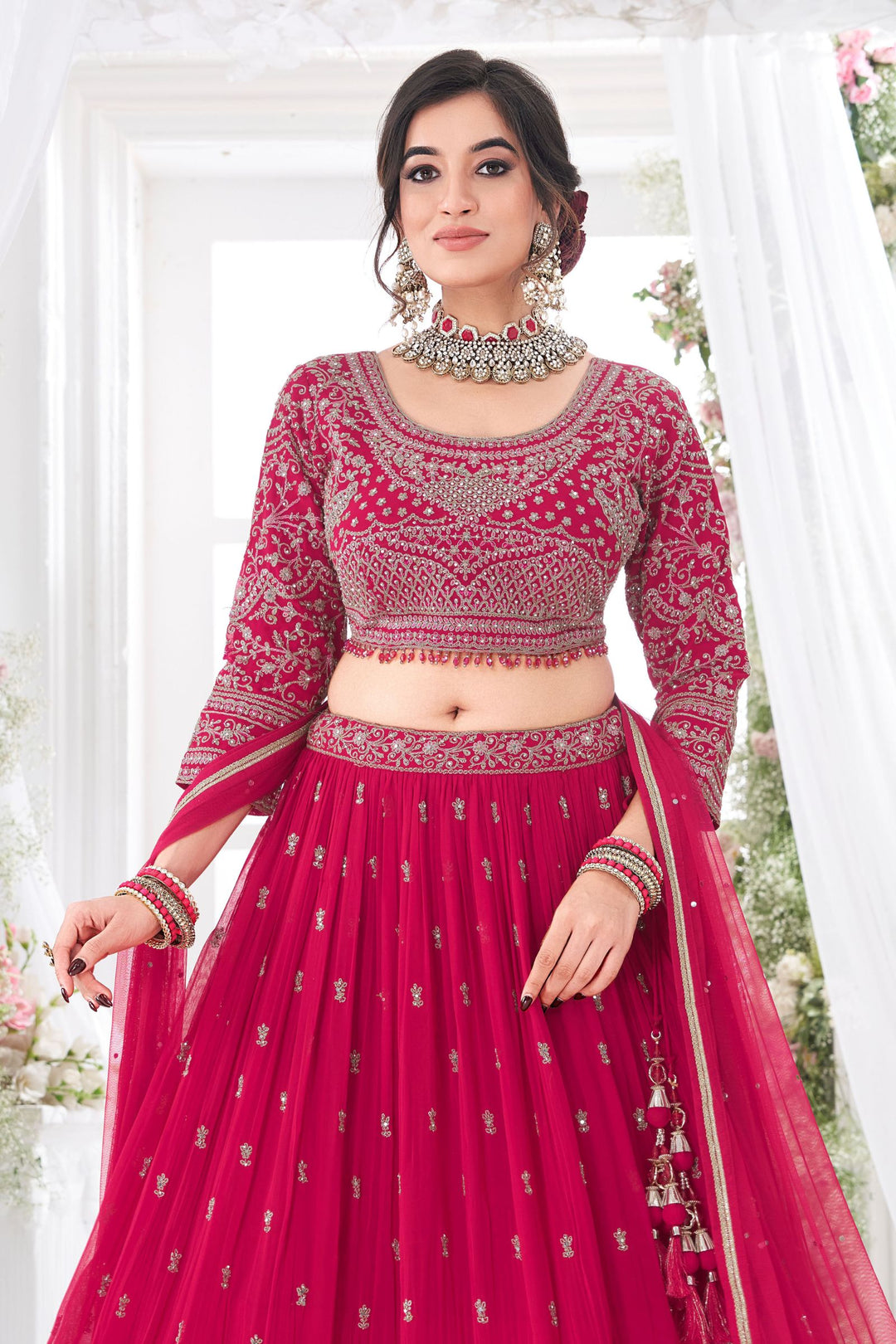 Rani Pink Zari Thread and Stone work Crop Top Lehenga