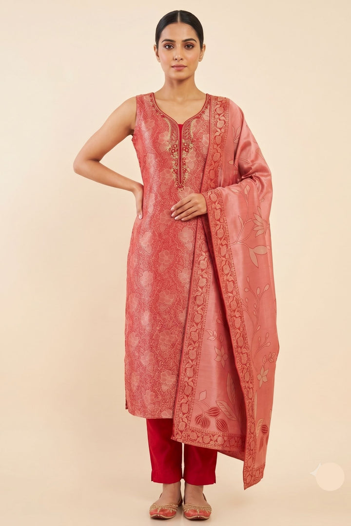 Red Brocade, Zardozi, Stone, Beads and Thread work Straight Cut Salwar Suit