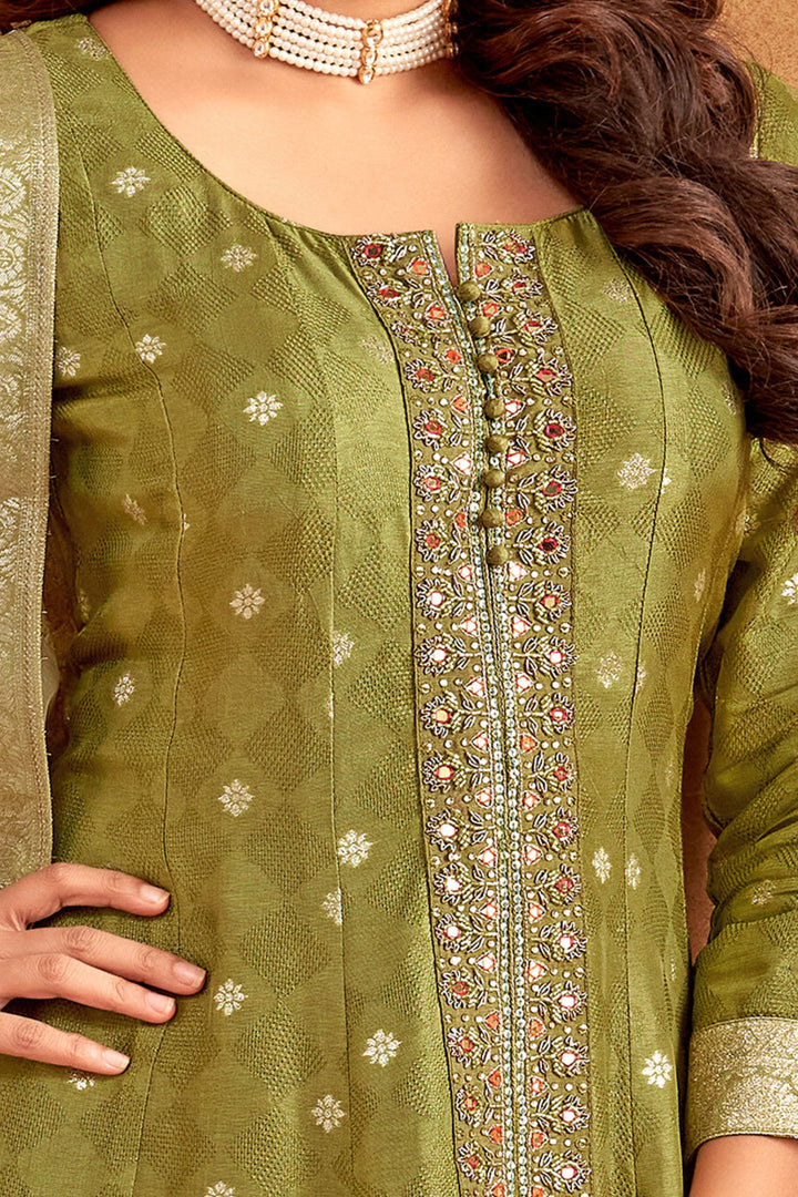 Pista Green Banaras, Zardozi, Stone and Beads work Salwar Suit with Straight Pants