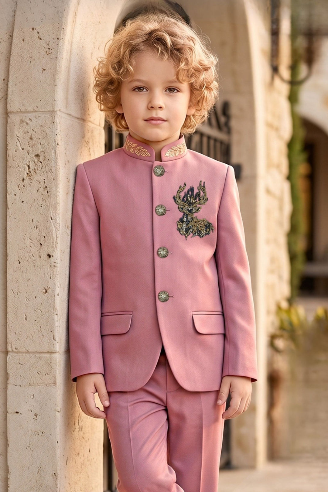 Onion Pink Deer Stone Motif Jodhpuri Suit for Boys