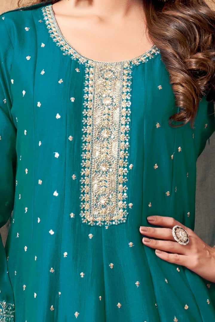 Rama Blue Sequins, Beads and Zari work Anarkali Style Salwar
