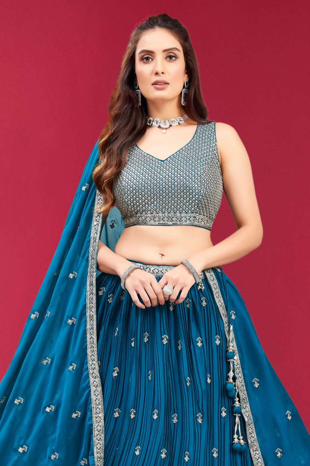 Rama Blue Sequins and Zari work Crop Top Lehenga