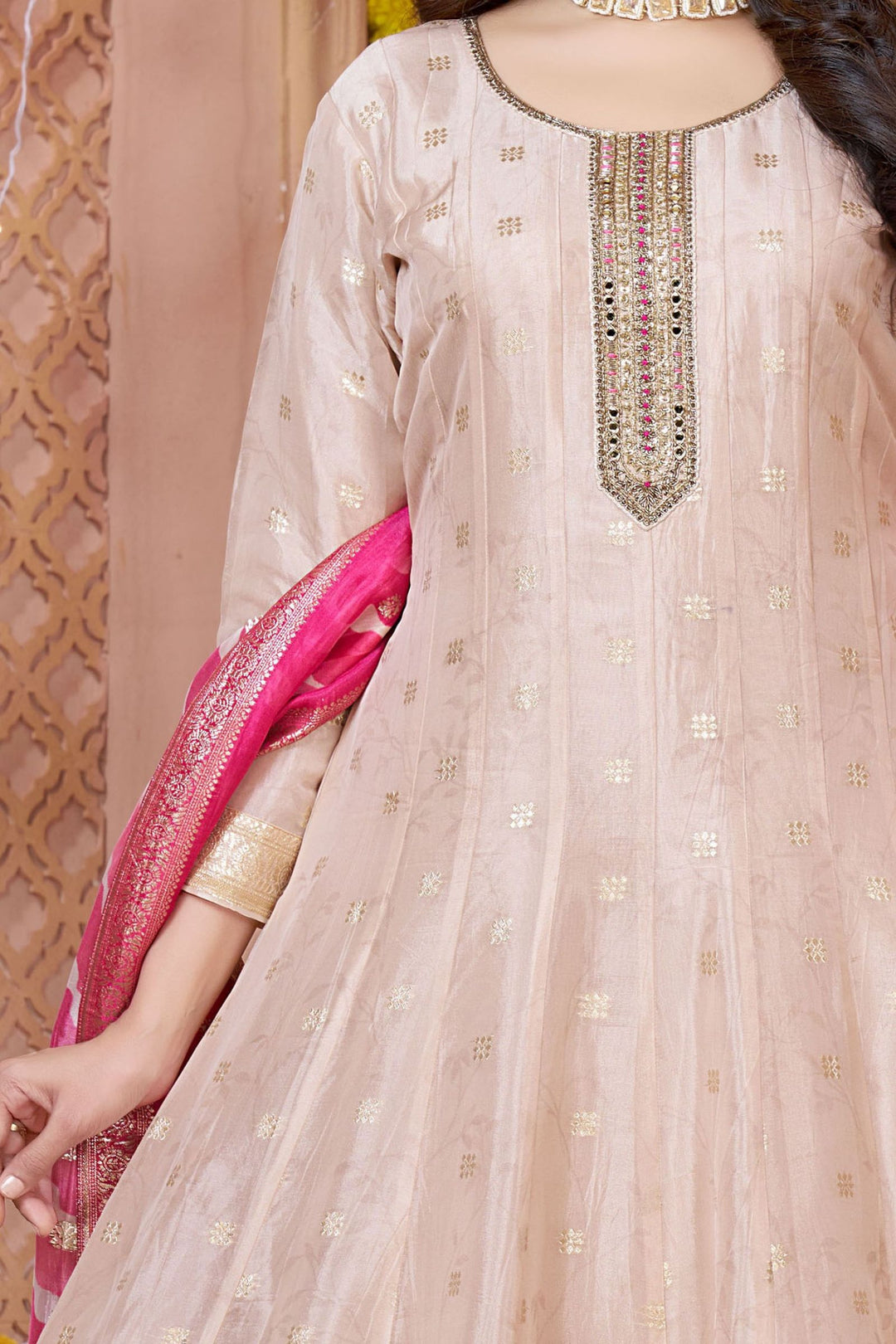 Light Peach Banaras, Mirror, Beads, Zardozi and Sequins work Anarkali Style Salwar