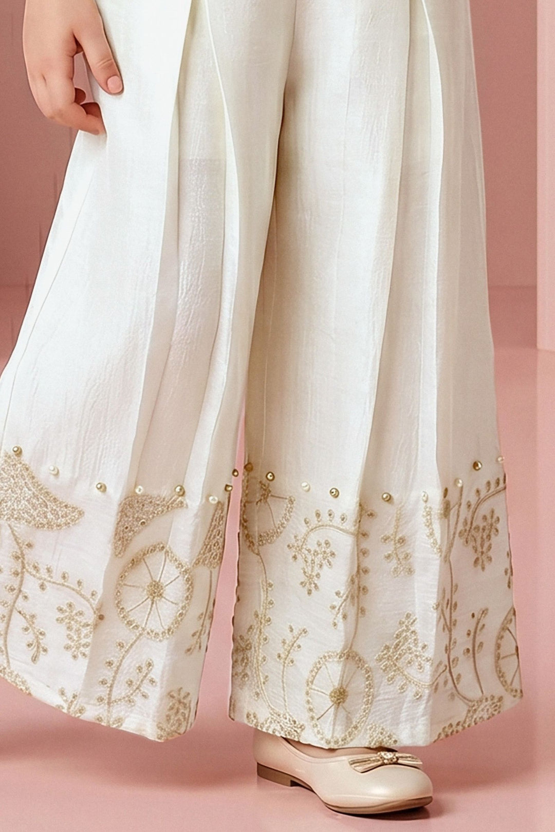 Half White Sequins and Thread work Poncho Styled Palazzo Set for Girls