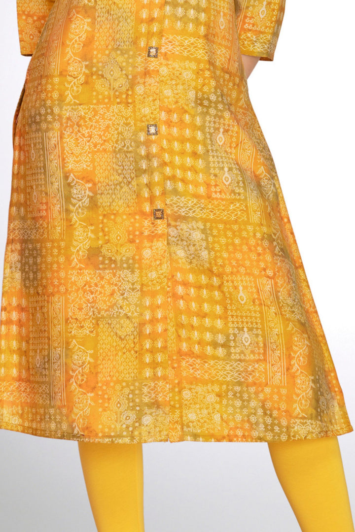 Yellow Digital Print A-line Cut Calf Length Kurti
