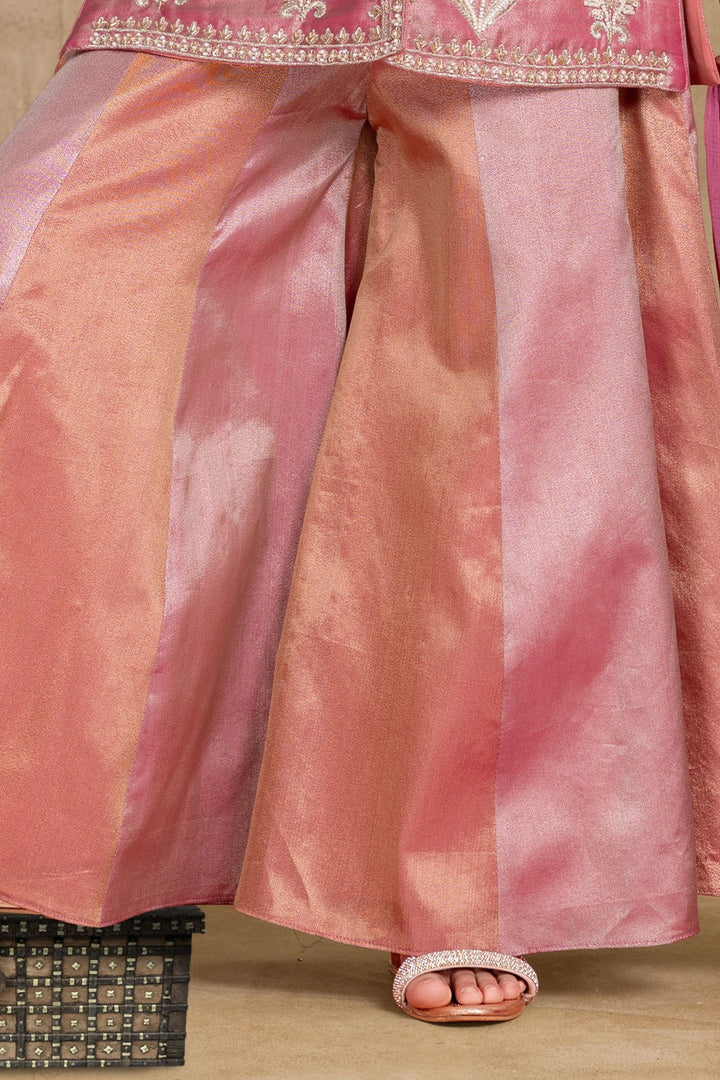Pink with Peach Beads, Sequins and Zari work Palazzo Suit Set for Girls