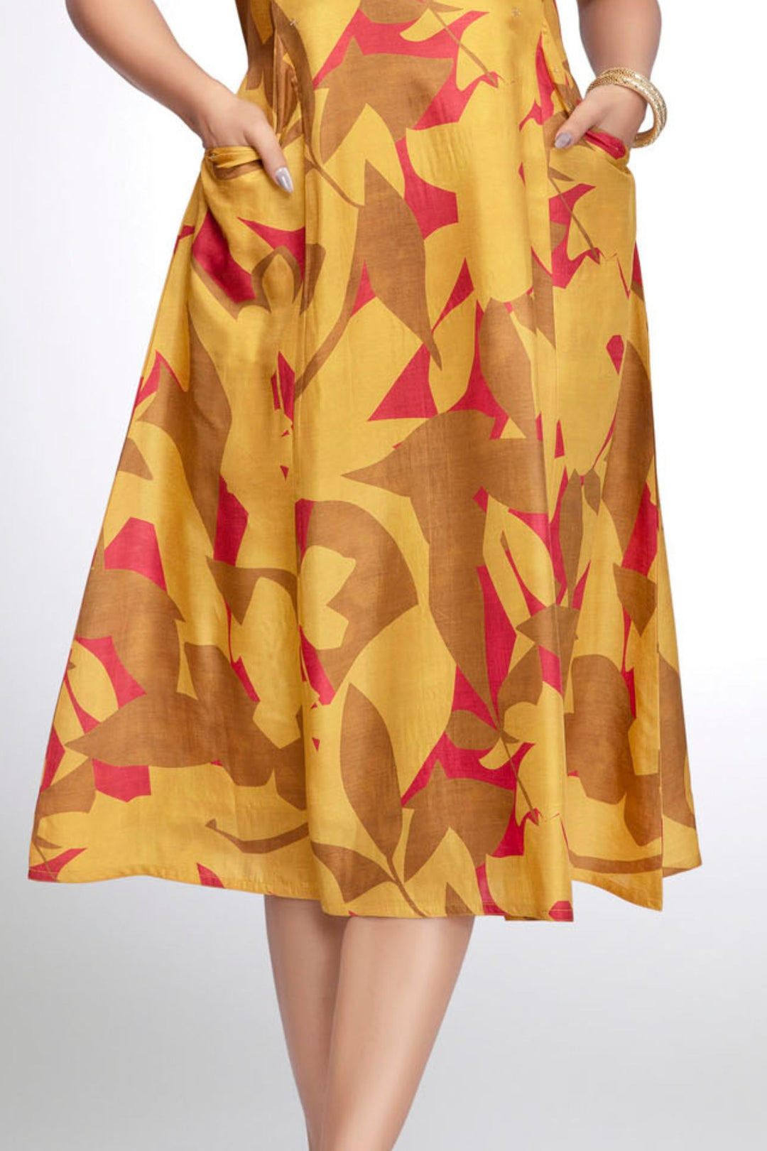 Mustard Stone work with Abstract Print A-Line Cut Calf Length Kurti