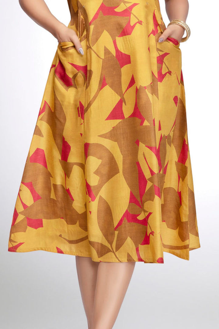 Mustard Stone work with Abstract Print A-Line Cut Calf Length Kurti