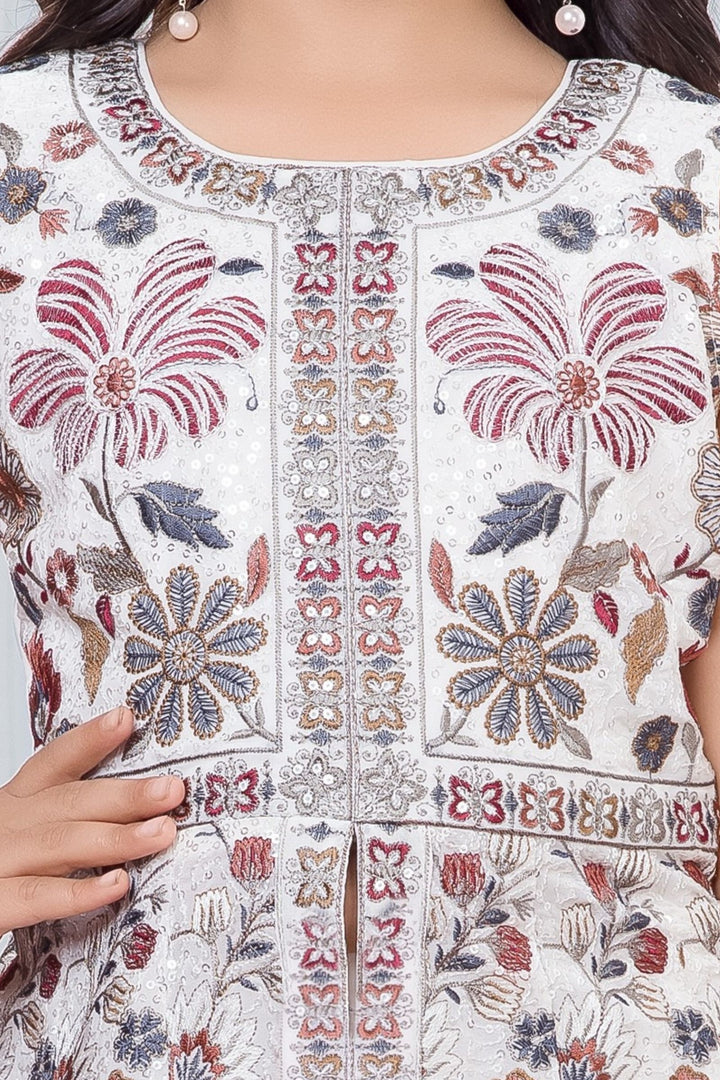 Cream with Multicolor Embroidery and Sequins work Palazzo Suit Set for Girls