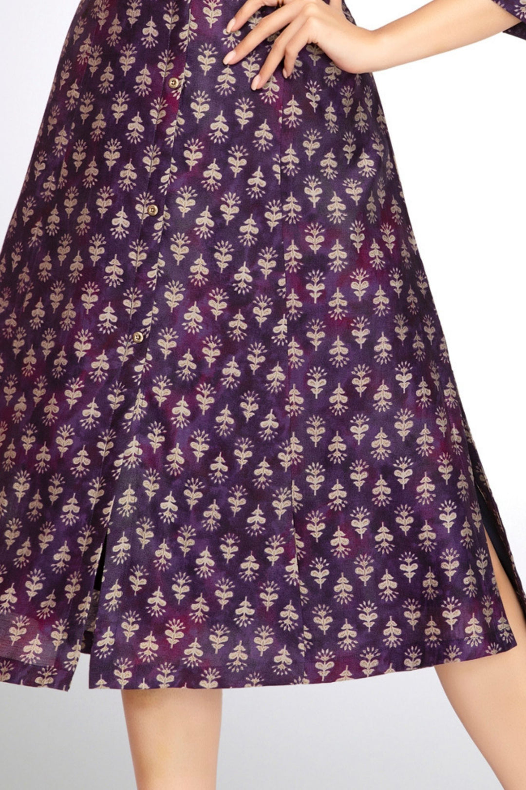Violet Mirror and Thread work with Digital Print A-Line Cut Calf Length Kurti
