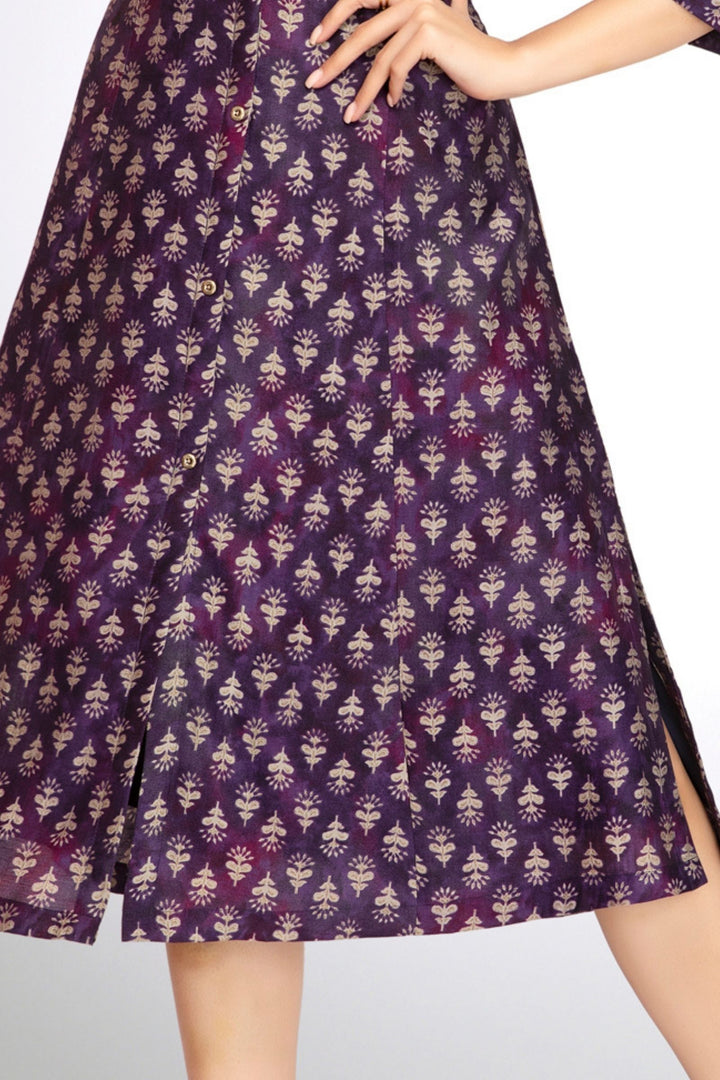 Violet Mirror and Thread work with Digital Print A-Line Cut Calf Length Kurti