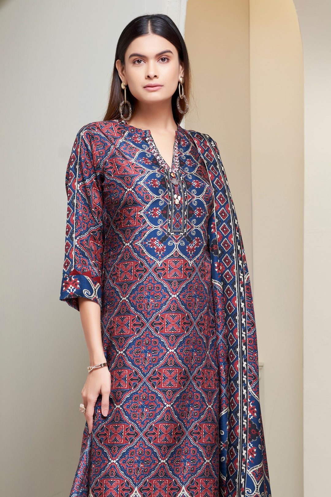 Navy Blue with Maroon Ajrakh Print, Sequins and Beads work Palazzo Salwar Suit