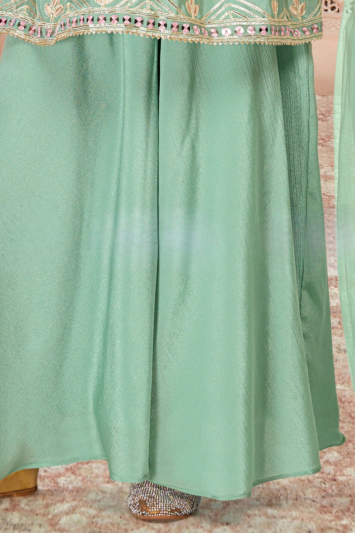 Pista Green Sequins, Thread, Mirror and Zari work Palazzo Suit Set for Girls