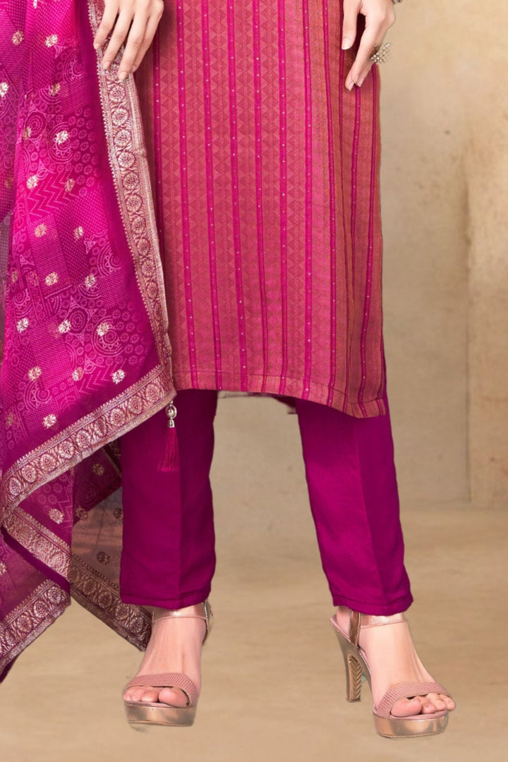 Magenta Mirror, Zardozi, Beads and Stone work Straight Cut Salwar Suit