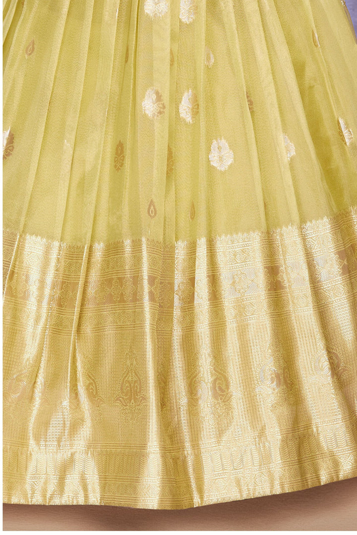 Lemon Yellow Zari, Sequins and Mirror work Long Party Gown for Girls with Belt