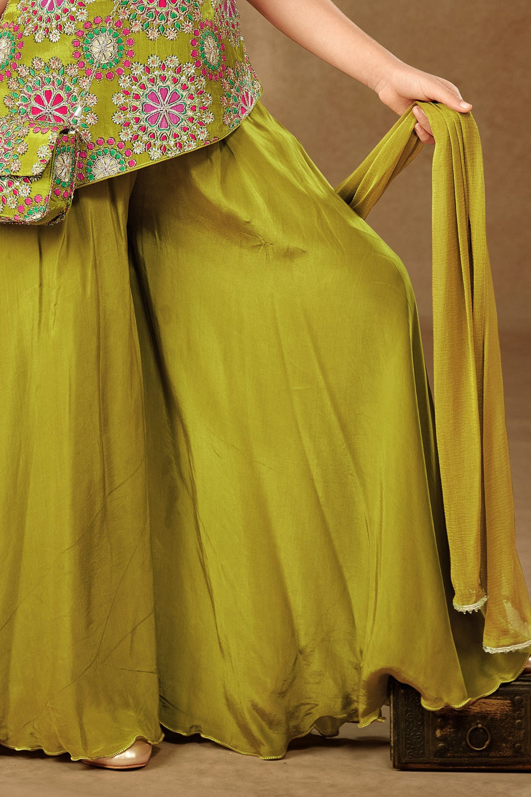 Mehendi Green Sequins and Zari work with Multicolor Digital Print Palazzo Suit Set for Girls
