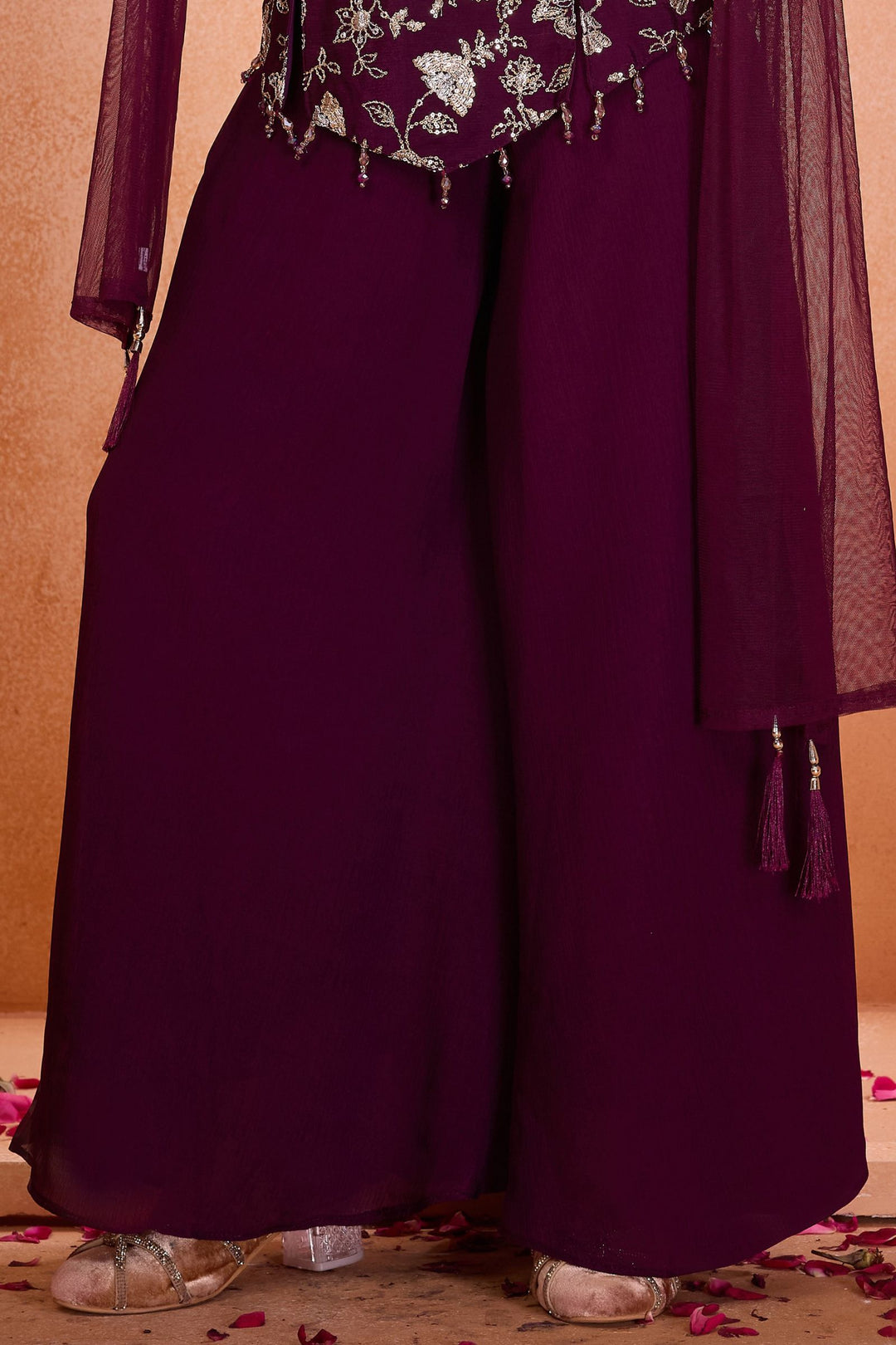 Wine Sequins and Zari work Palazzo Suit Set for Girls