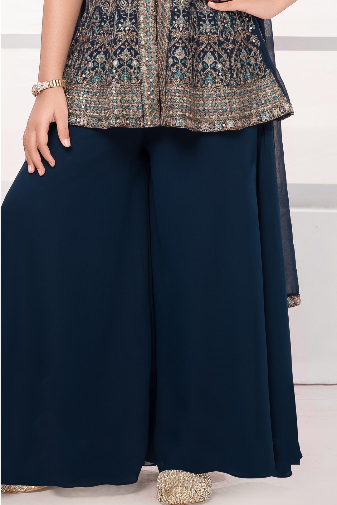 Peacock Blue Sequins, Stone and Multicolor Thread work Palazzo Suit Set for Girls
