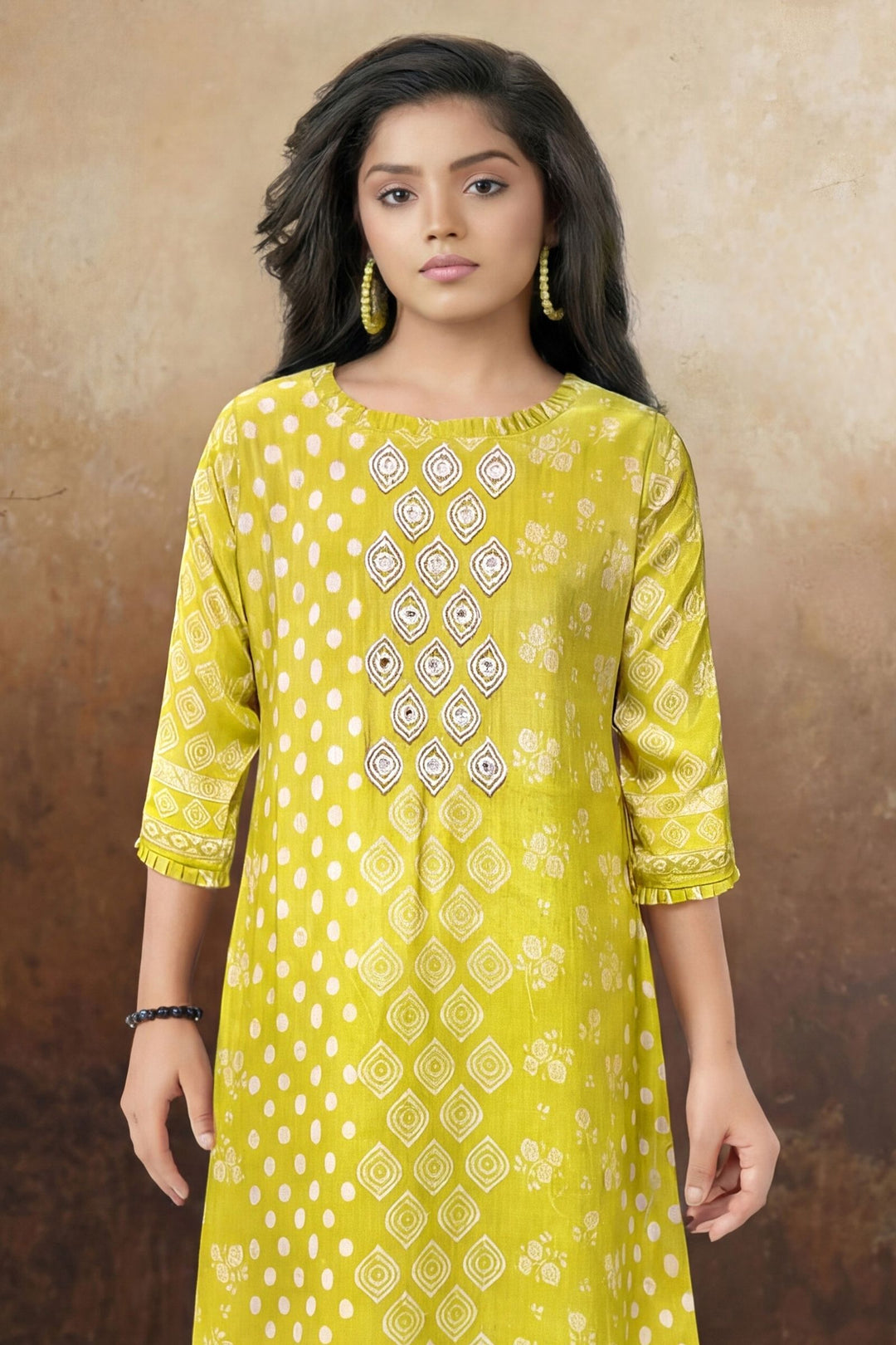 Liril Green Beads and Mirror work with Digital Print Anarkali Styled Salwar Suit for Girls