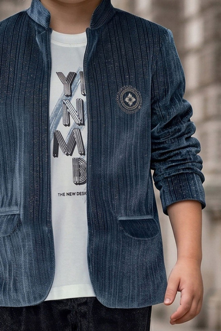 Boys Grey Casual Blazer Set with White Printed T-Shirt and Black Pants
