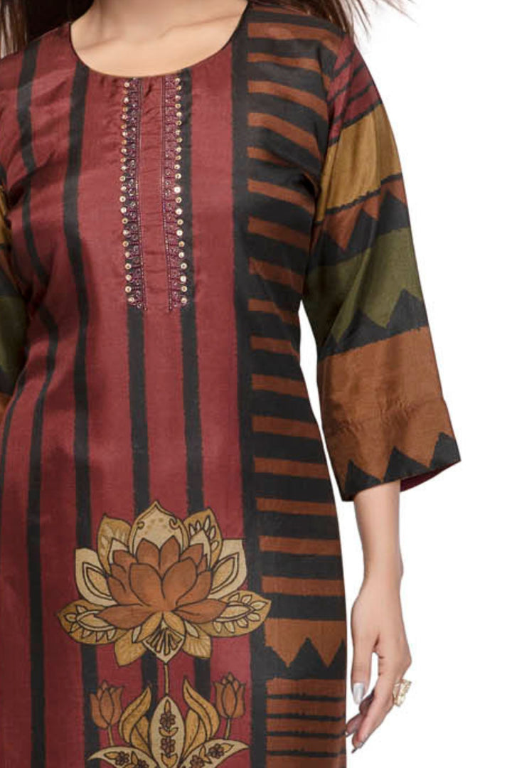 Maroon Floral Printed Straight Kurta