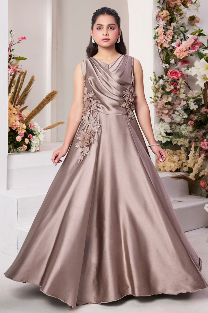 Gold Beads and Sequins work Long Party Gown for Girls