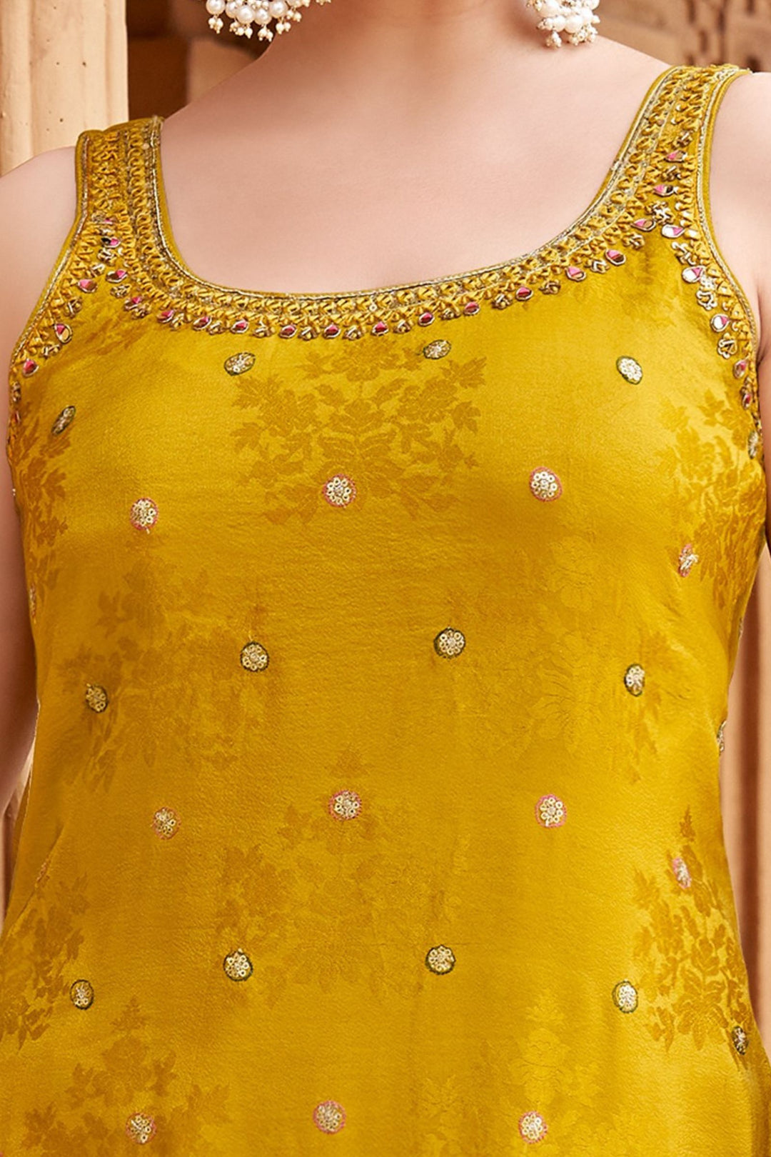 Olive Green Sequins, Zari, Mirror and Zardozi work Sharara Salwar Suit