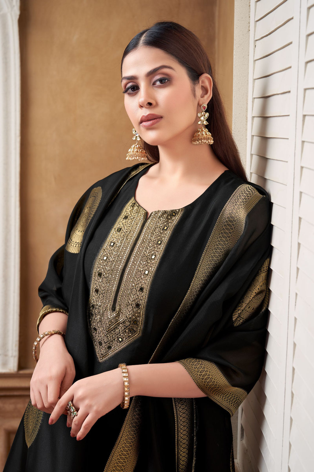 Black Banaras, Mirror, Stone and Sequins work Straight Cut Salwar Suit