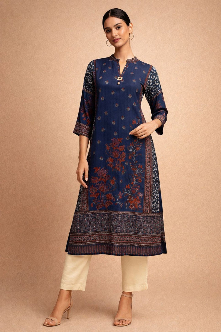 Navy Blue Beads work with Ajrakh Print Calf Length Kurti