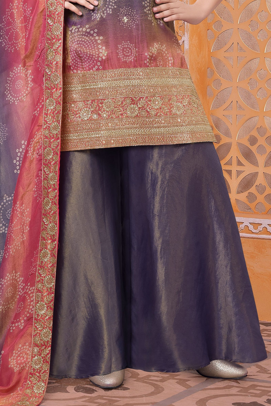 Blue with Pink Sequins and Banaras Zari work with Bandini Print  Palazzo Suit Set for Girls