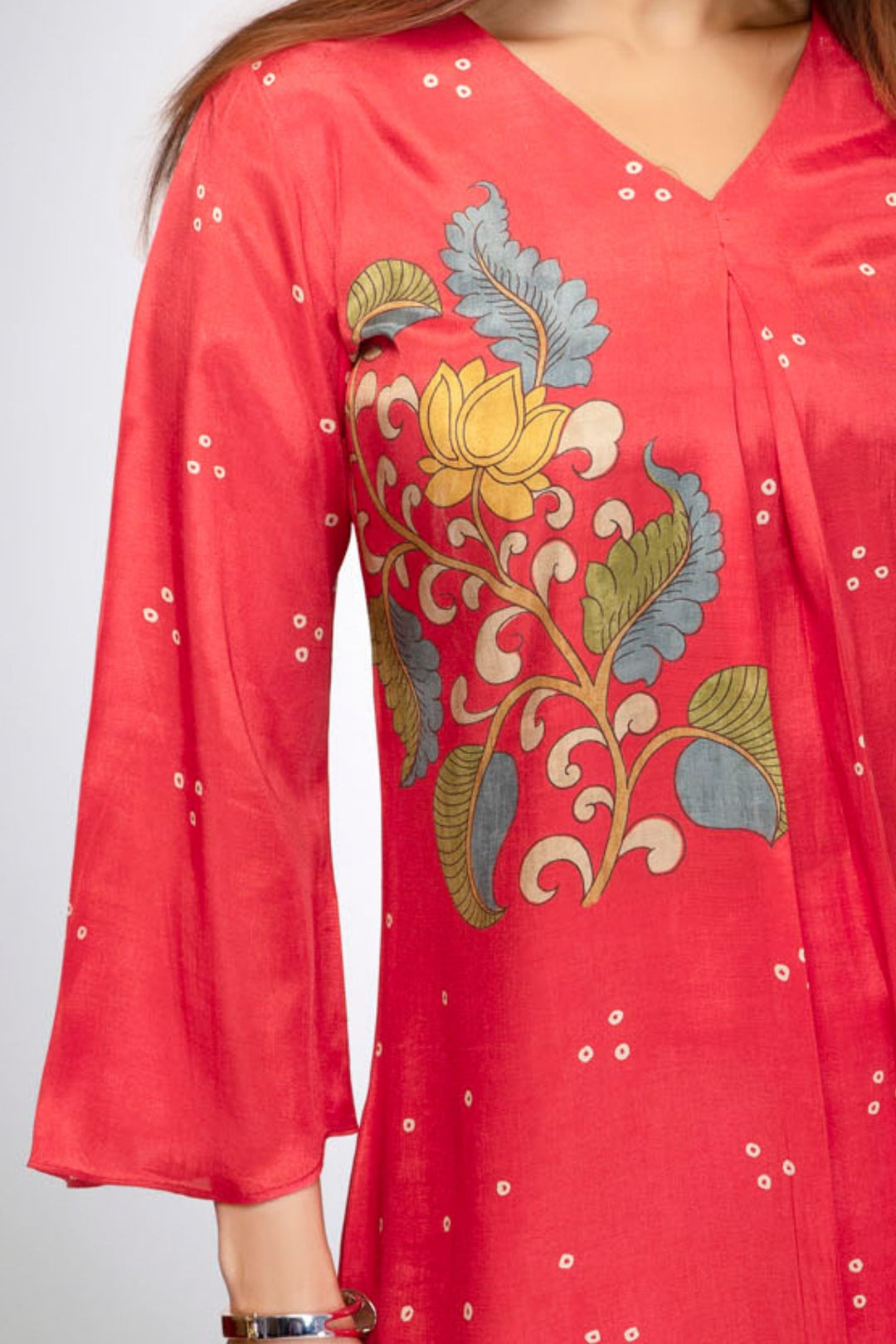 Tomato Red Floral Print Short Kurti