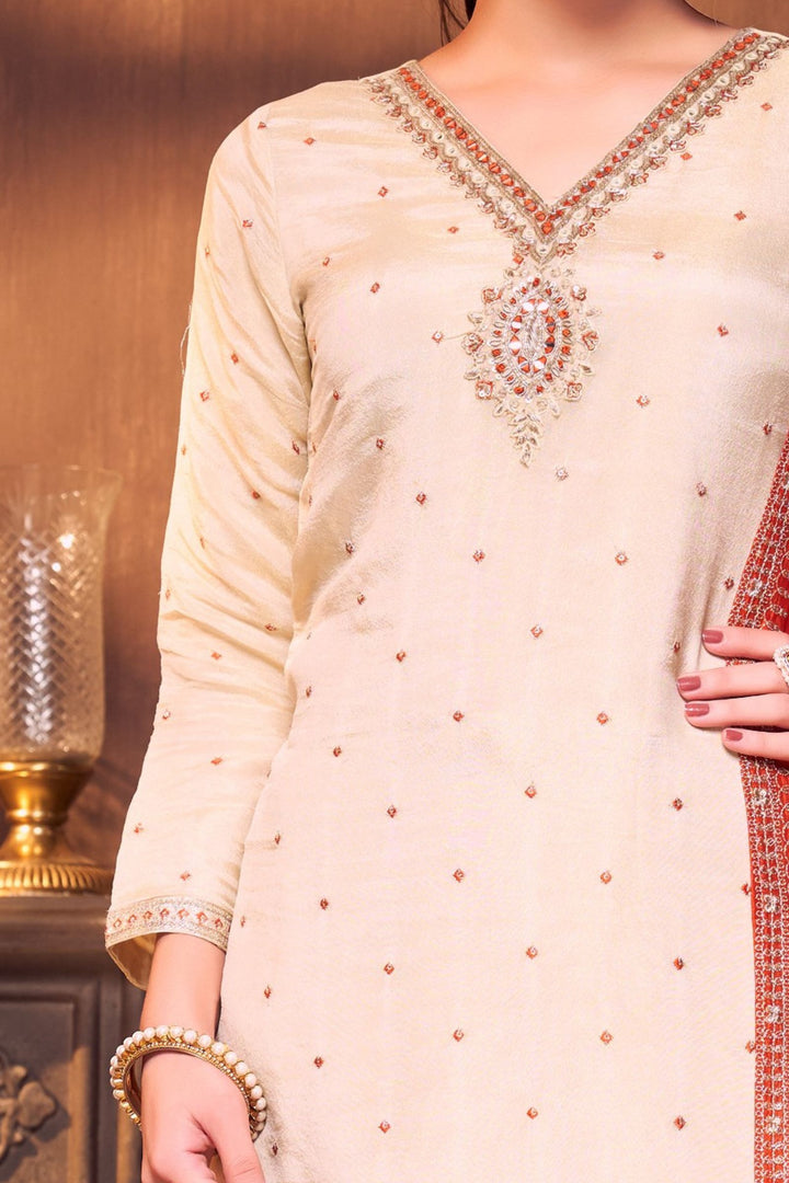Cream Zardozi, Mirror, Beads, Sequins and Thread work Straight Cut Salwar Suit