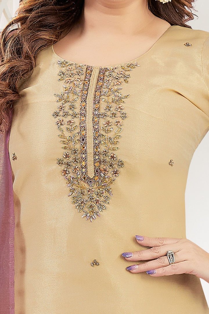 Gold Beads, Zardozi, Mirror, Stone and Thread work Straight Cut Salwar Suit