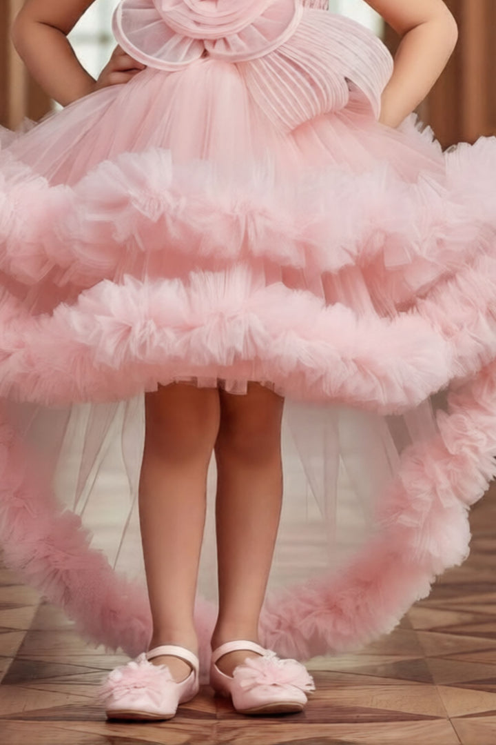 Light Peach Sequins work Tail Cut Double Layered Partywear Frock for Girls