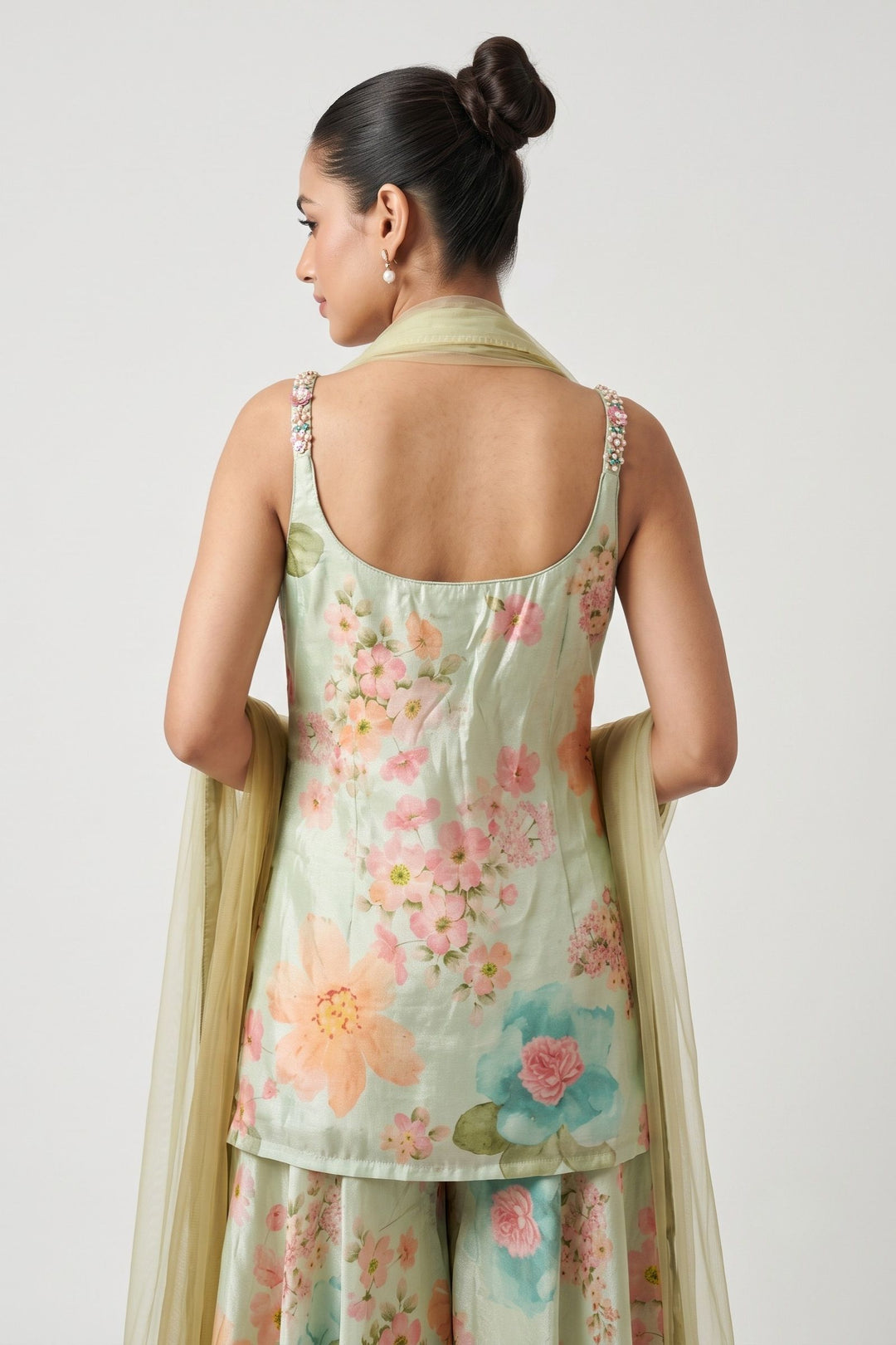 Sea Green Stone, Beads and Kundan work with Floral Print Palazzo Salwar Suit
