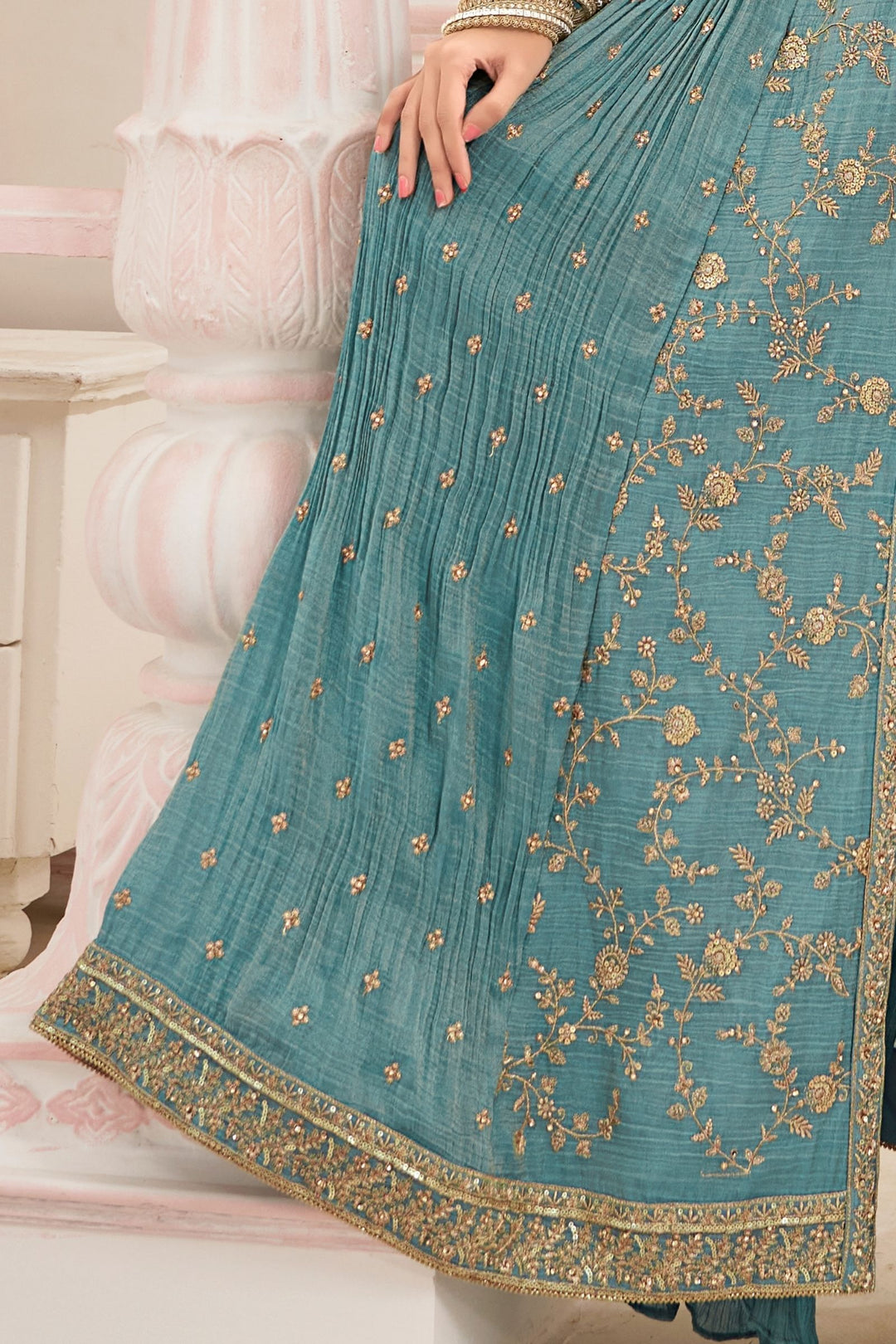 Frozen Blue Sequins, Zari, Zardozi, Stone and Beads work Mastani Styled Long Top Lehenga