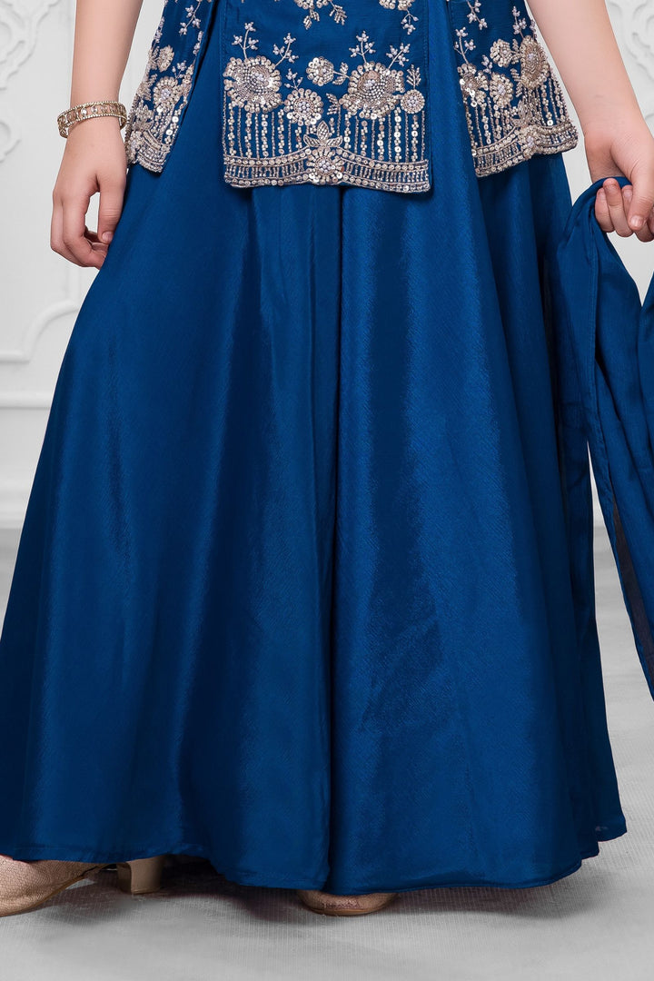 Teal Blue Sequins, Beads and Thread work Palazzo Suit Set for Girls