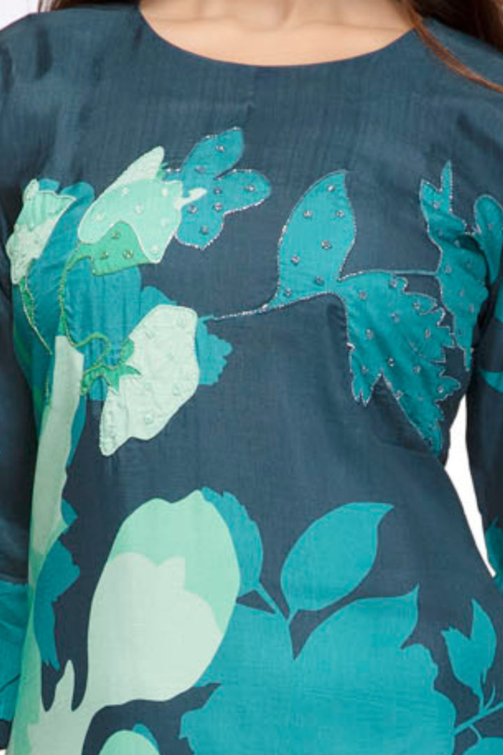 Peacock Blue Beads work with Digital Print Straight Cut Salwar Suit