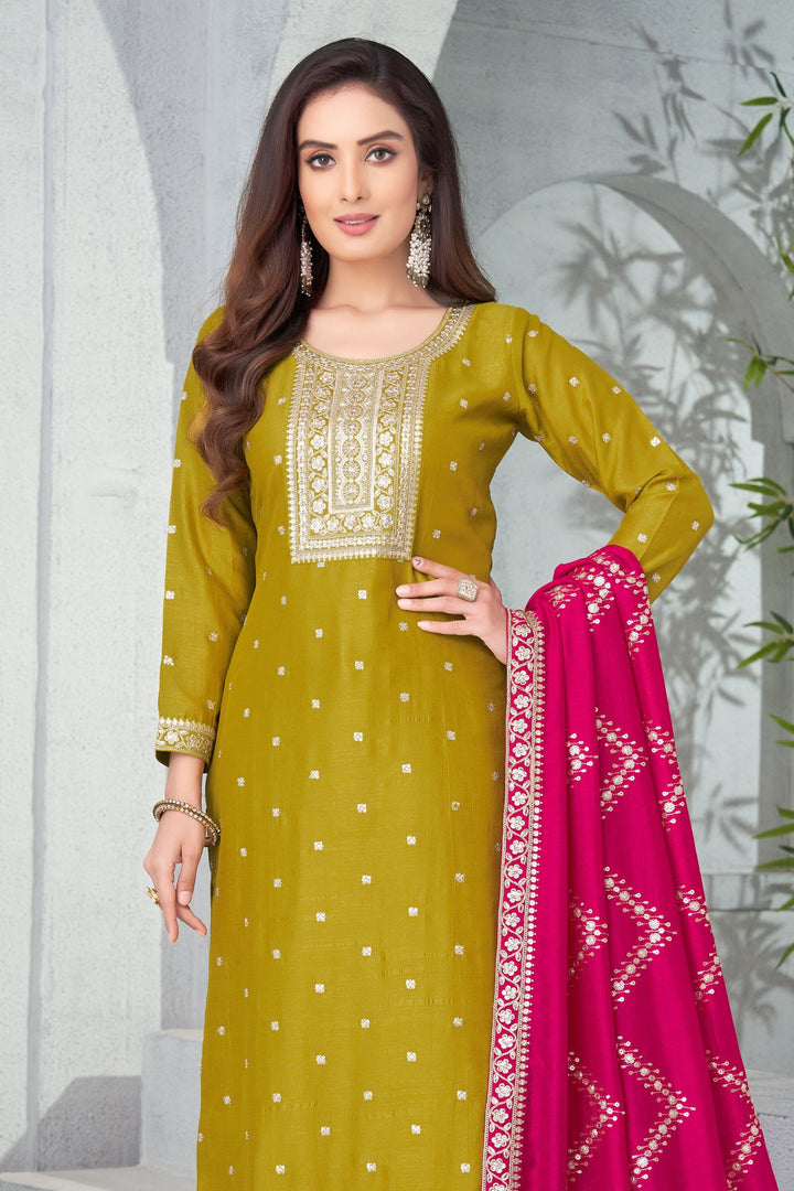 Olive Green Zari and Sequins work Straight Cut Salwar Suit