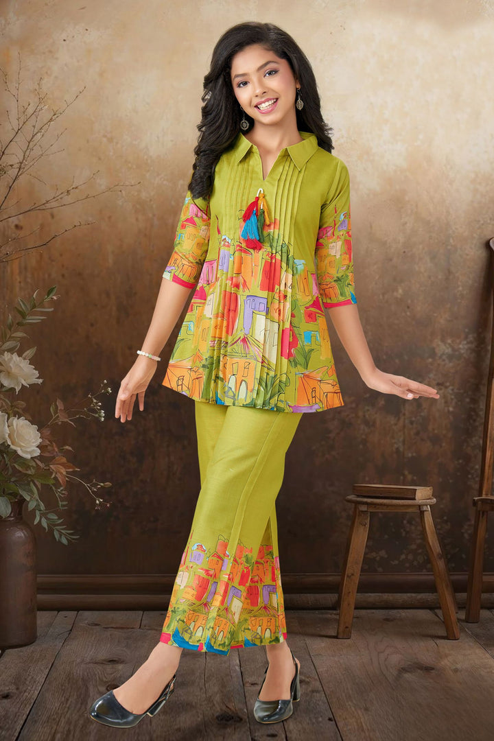 Parrot Green Multicolor Digital Print Co-ord Set for Girls